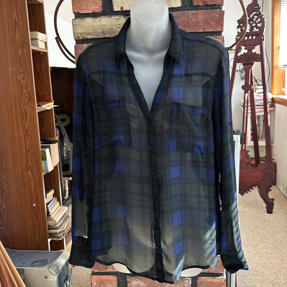 Express Blue and Black Plaid Blouse